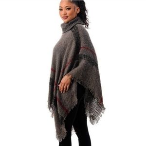 New Gray Plaid Fringe Turtle Neck Poncho one size